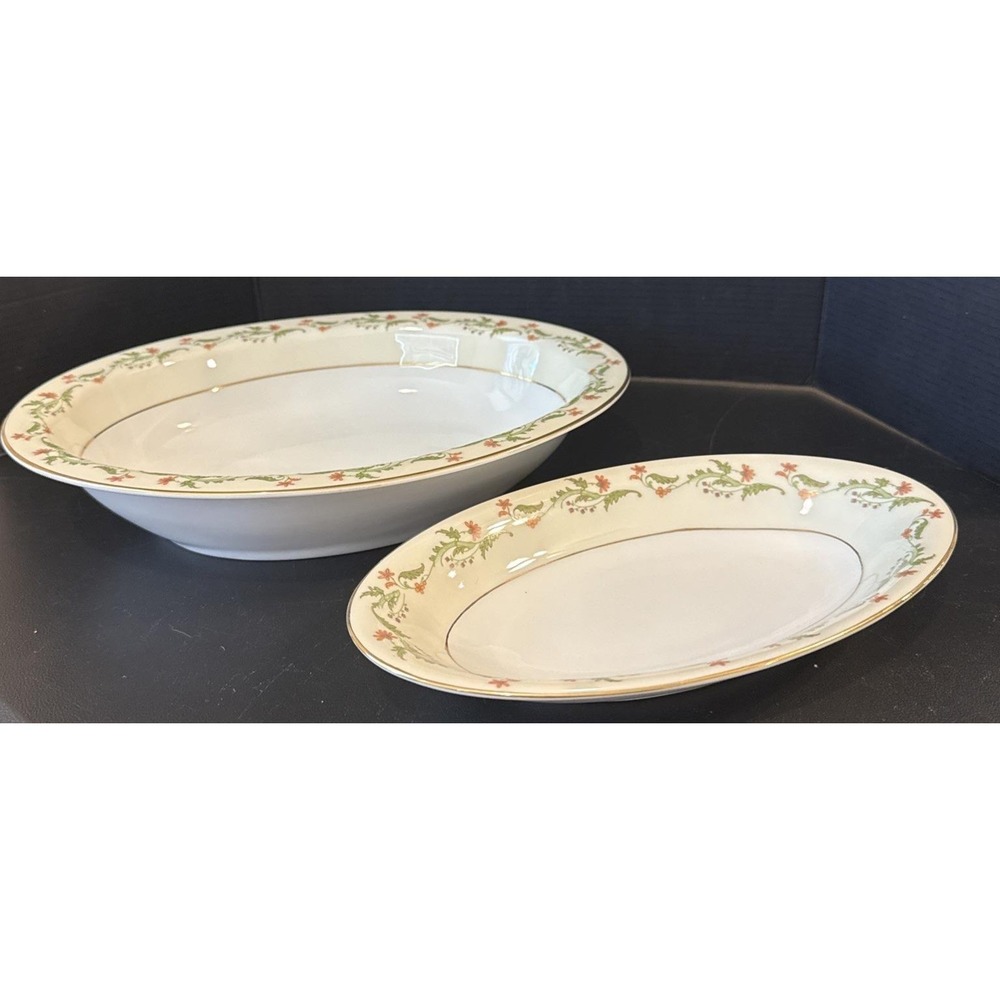 Heinrich Selb Bavaria Germany Gold Trim Pink Flowers Oval Serving Bowls Set Of 2